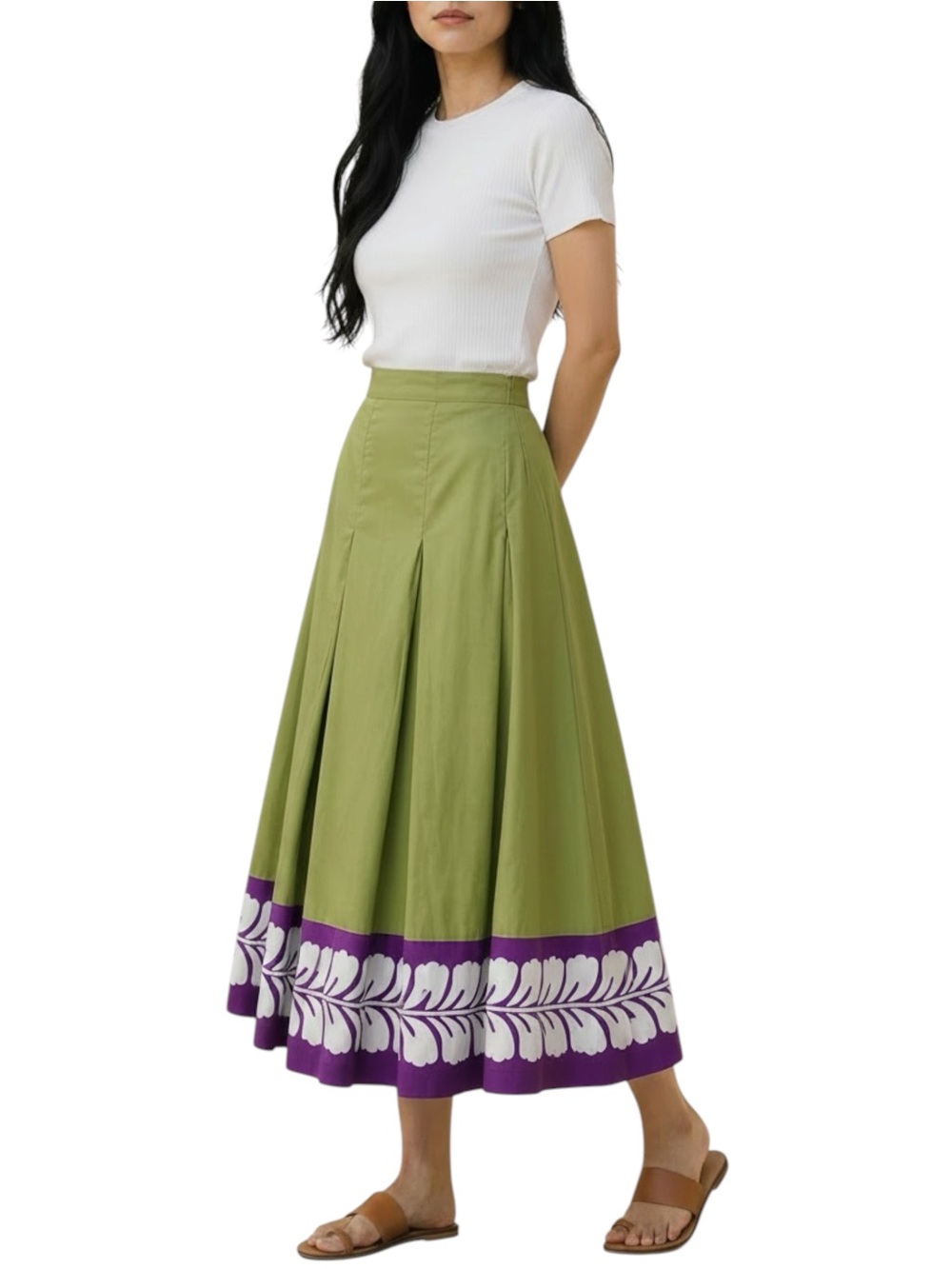 Boden Chartreuse Pleated Cotton Skirt w/ Purple/White Tropical Border - Size 10